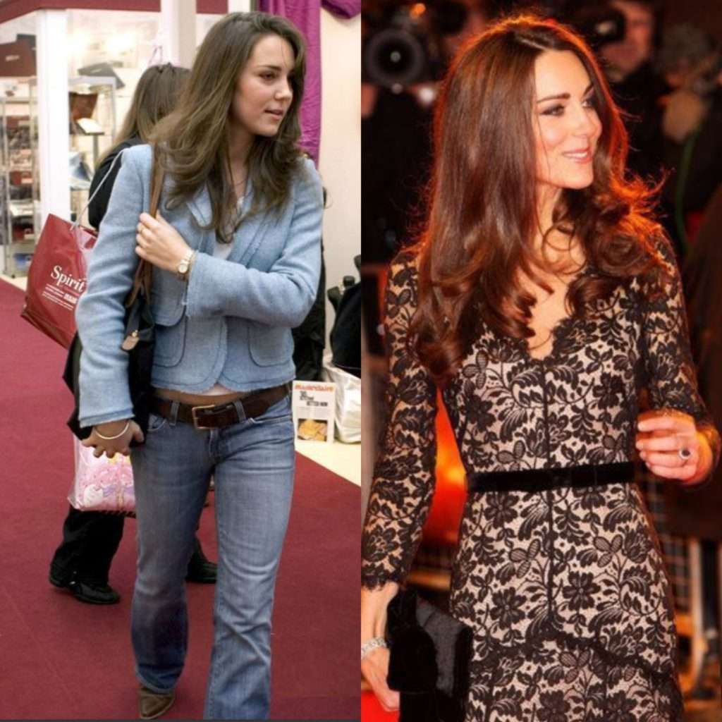 Deux photos de Kate Middleton. L'une avant son évolution style et l'autre après sont évolution vestimentaire